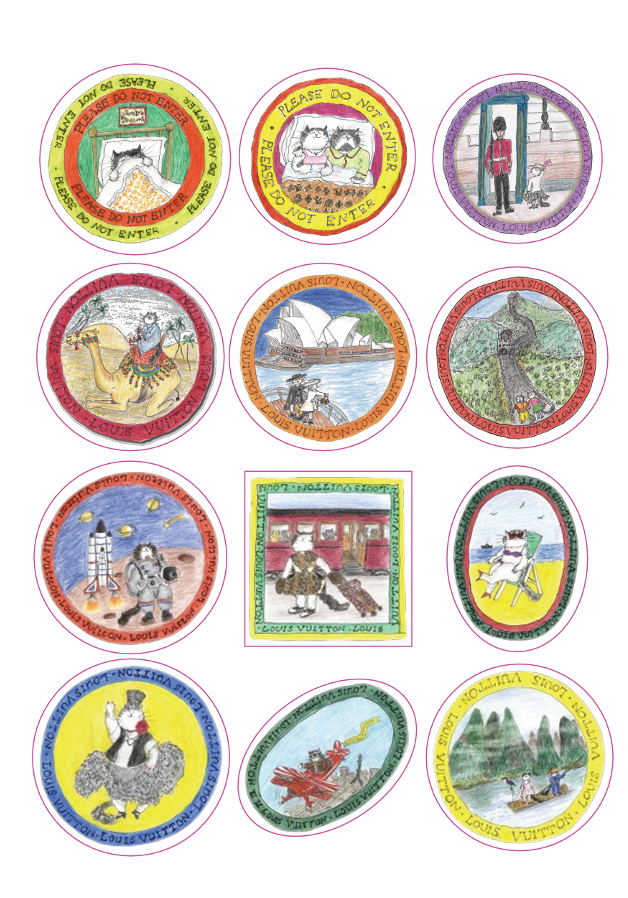 Hand-drawn colored-pencil illustration sheet of travel badges featuring cat characters around the world